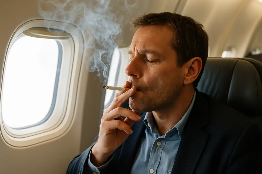 <p> Just a few decades ago, it was perfectly normal to light up a cigarette mid-flight. Airplanes even came equipped with ashtrays, and smoking sections were standard, despite the fact that smoke circulated throughout the cabin. It wasn’t until the 1980s and 1990s that mounting evidence of secondhand smoke’s dangers prompted governments to act. The United States banned smoking on most domestic flights by 1990, with international carriers following suit soon after. Today, smoking on an airplane is not only banned but tampering with smoke detectors in restrooms can result in serious legal consequences. </p> :: DALL-E