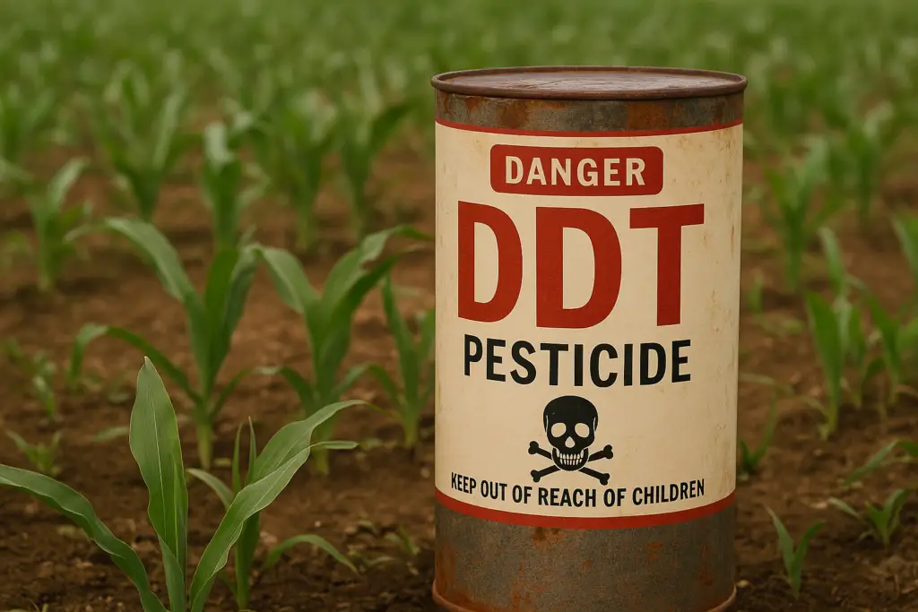 <p> Once celebrated as a miracle pesticide, DDT was widely used after World War II to combat insects and protect crops. Entire neighborhoods were sprayed with the substance, often with little concern for its impact. That changed when scientists discovered that DDT was devastating ecosystems, especially bird populations, and possibly causing cancer in humans. Rachel Carson’s 1962 book Silent Spring sparked public outcry and a new environmental movement. By the 1970s, DDT was banned in many countries, including the United States, and remains a powerful symbol of environmental reform. </p> :: DALL-E