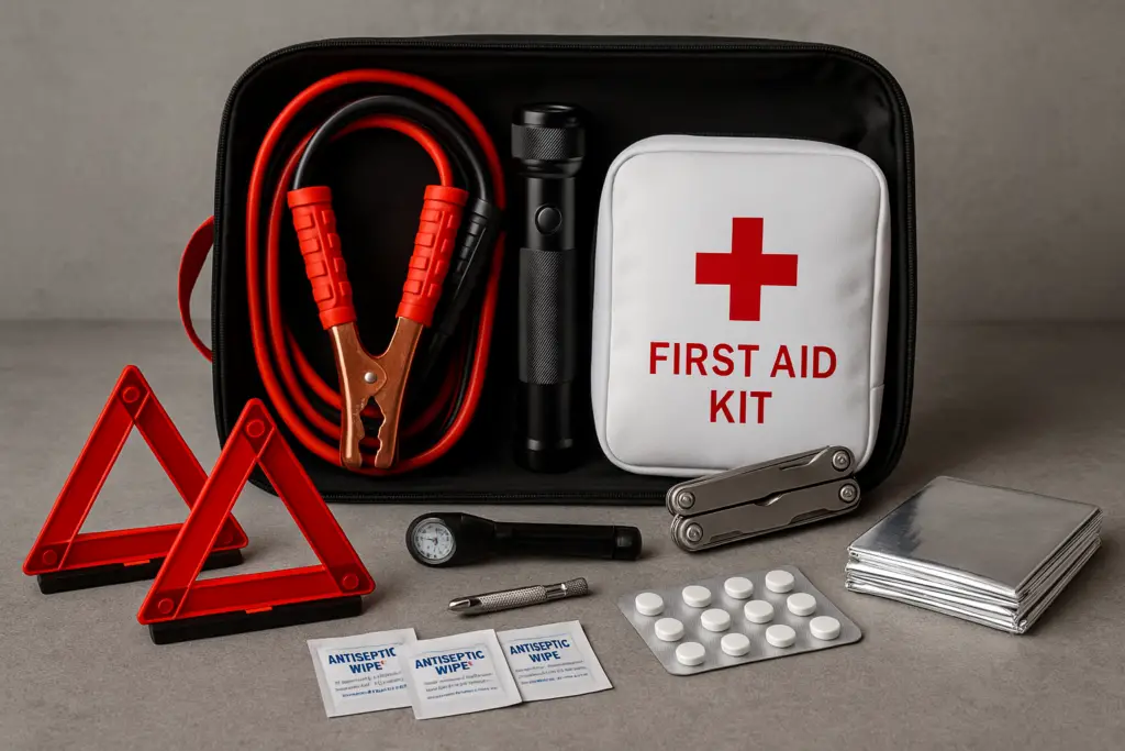 <p> No road trip is complete without a properly stocked emergency kit, and this is especially true for senior drivers who may face unique health or mobility challenges. An emergency kit should go beyond the basic roadside tools. Along with jumper cables, a flashlight with fresh batteries, reflective warning triangles, and a tire pressure gauge, be sure to include a first aid kit stocked with bandages, antiseptic wipes, and any prescription medications you need. A multi-tool and emergency blankets can also prove invaluable if you find yourself stranded. Having this kit accessible in your car is like carrying peace of mind—you’re ready to tackle small emergencies on the road, giving you and your loved ones extra security throughout your adventure. </p> :: DALL-E