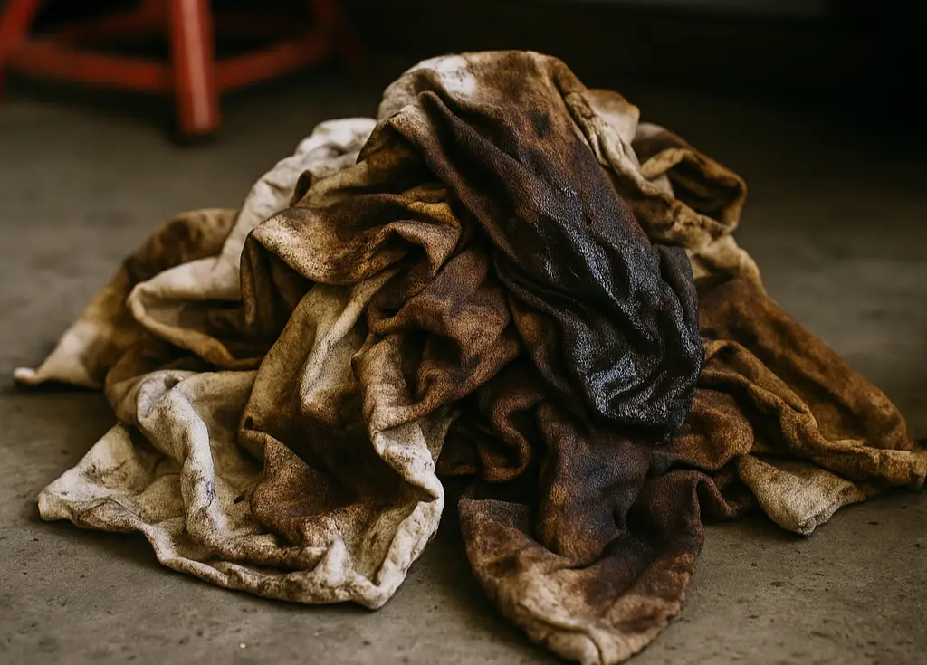 <p> Rags soaked in oil, stain, or solvent should never be left in the garage—especially in a pile or open container. These materials are highly flammable and can spontaneously combust without an external heat source, a phenomenon known as auto-ignition. That means you could walk out of your garage with everything intact and return to a raging fire hours later. Dispose of oily rags according to local hazardous waste guidelines or store them in a specialized sealed metal container designed for this purpose. </p> :: DALL-E