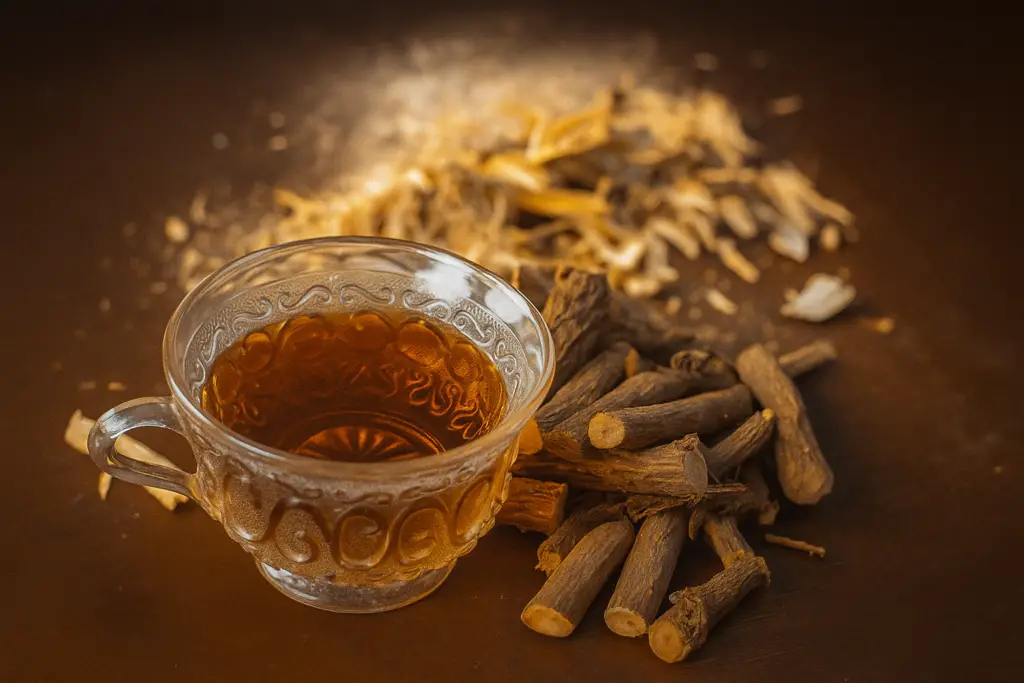 <p> Licorice root tea is naturally sweet (without sugar) and known for its soothing effect on sore throats and digestive discomfort. While it's not everyone’s cup of tea flavor-wise, many baby boomers love it for its support of adrenal health and its ability to ease acid reflux. Just be sure to enjoy it in moderation—too much licorice can raise blood pressure in some people, so talk to your doctor if you’re on medication. </p> :: DALL-E