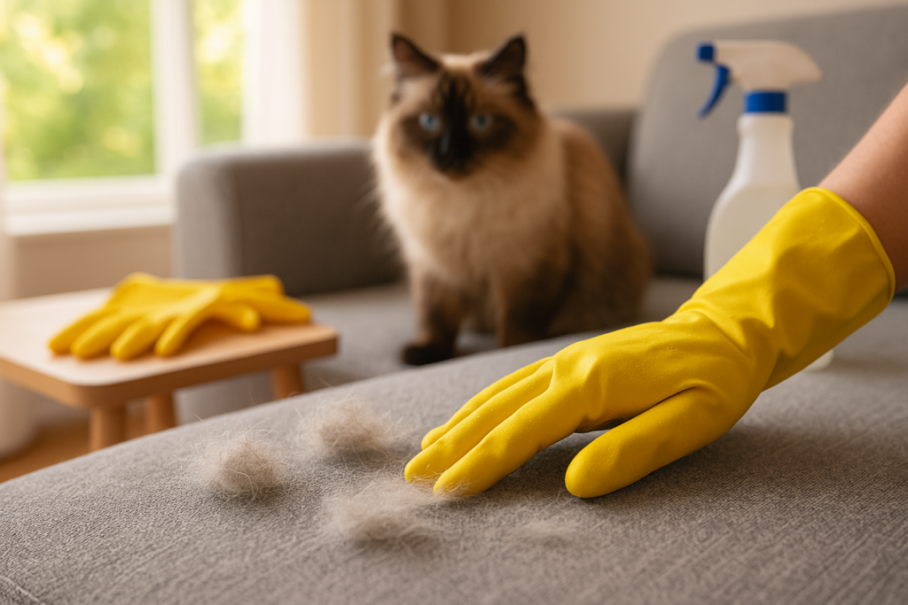 <p> You’d be amazed at how many professional cleaners rely on one simple tool for conquering pet hair: rubber gloves. When dampened slightly, the rubber surface creates static that lifts fur right off furniture, curtains, and even car interiors. Slip on a glove, run your hand over your couch cushions or fabric chairs, and watch pet hair ball up like magic. It’s especially handy for spots where vacuum attachments just can’t reach or for quick cleanups before guests arrive. Best part? Rubber gloves are cheap, reusable, and easy to rinse clean under the tap. It’s a humble household hero that belongs in every pet owner’s cleaning arsenal. </p> :: DALL-E