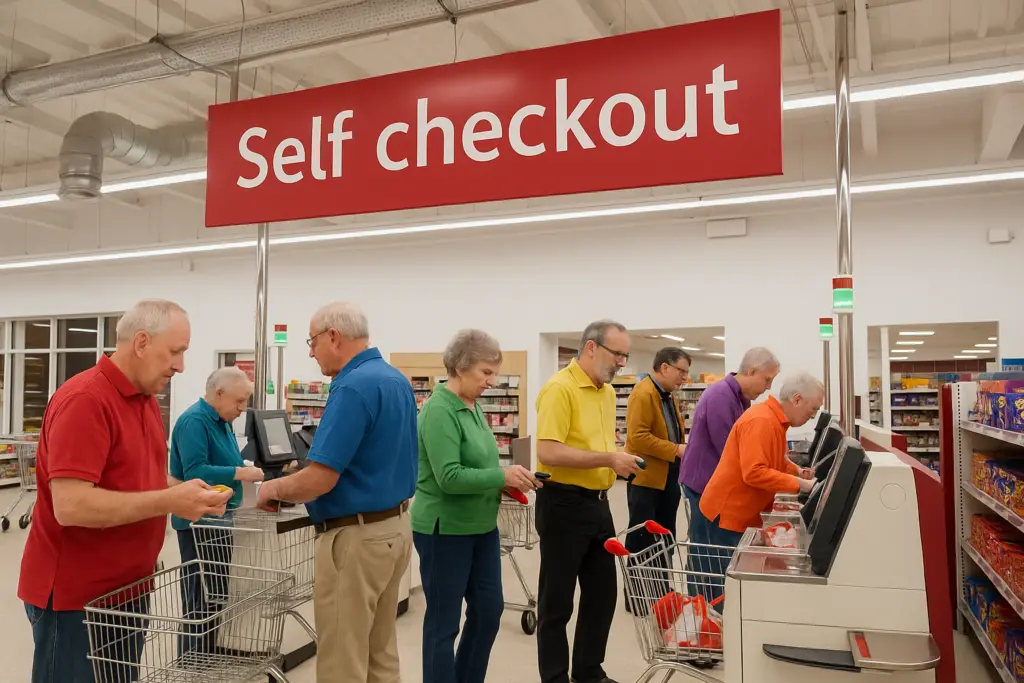<p> Grocery trips always included a chat with the cashier. There were no confusing machines yelling “Unexpected item in the bagging area!” Grandparents enjoyed personal service and sometimes even developed friendships with their local clerks. </p> :: DALL-E