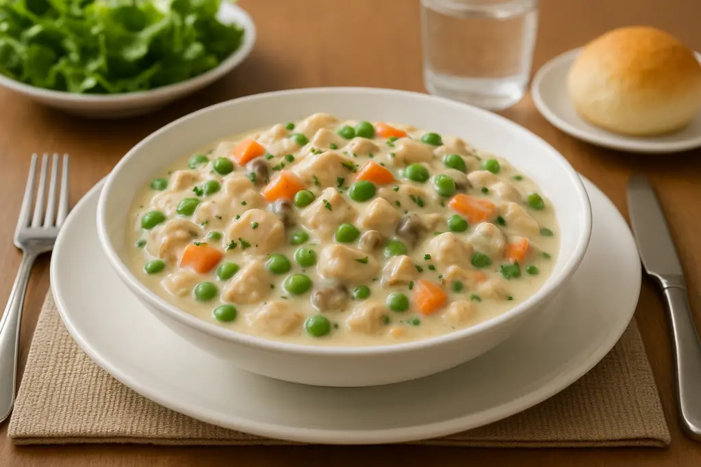 <p> Back in its heyday, Chicken a la King was the dish to serve at dinner parties. Creamy sauce with mushrooms and peppers poured over toast or rice made for a filling meal that felt fancy at the time. But times have changed, and the heavy, flour-thickened sauce feels dated and far too rich for many Boomers now. While it may bring back memories of entertaining in the 70s, the truth is most people secretly prefer a lighter chicken dish flavored with herbs and fresh vegetables. </p> :: DALL-E