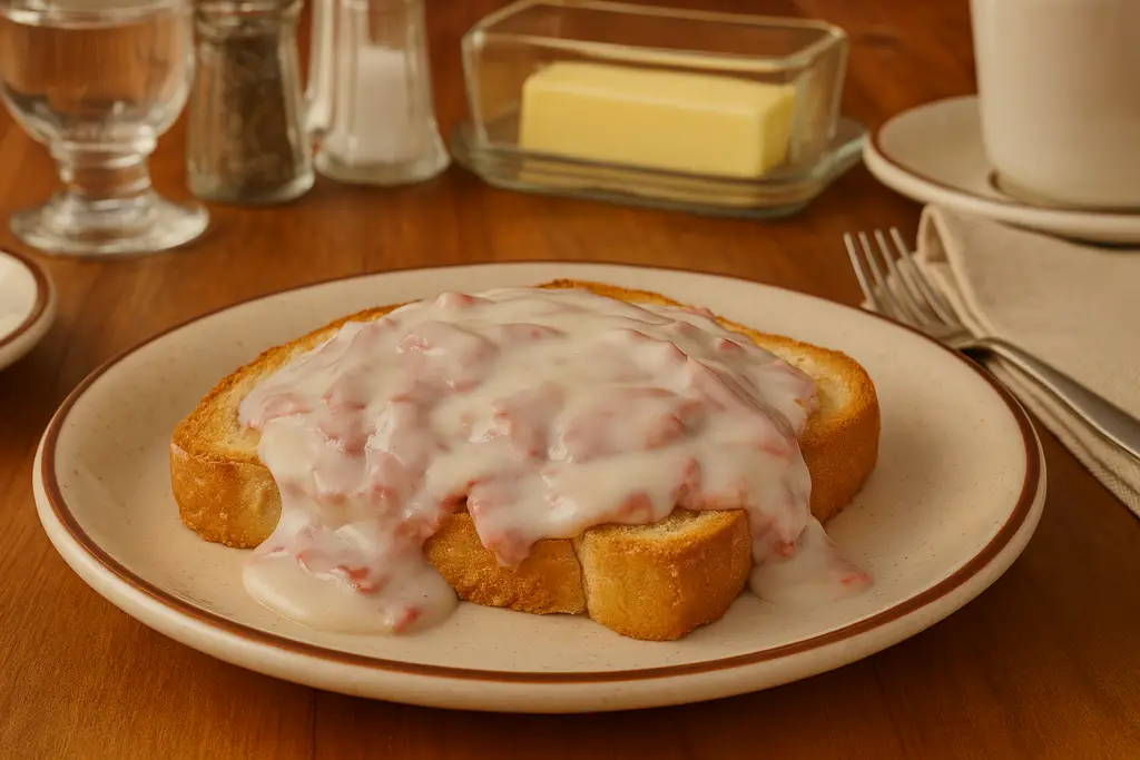 <p> Known to many who served in the military as “SOS,” creamed chipped beef on toast was a hearty and affordable dish that filled bellies when times were tough. It was salty, creamy, and practical, but very few Boomers actually loved the taste. For many, the nostalgia of the meal is stronger than the flavor itself. These days, it tends to show up less and less, and most would admit they do not miss it much. </p> :: DALL-E