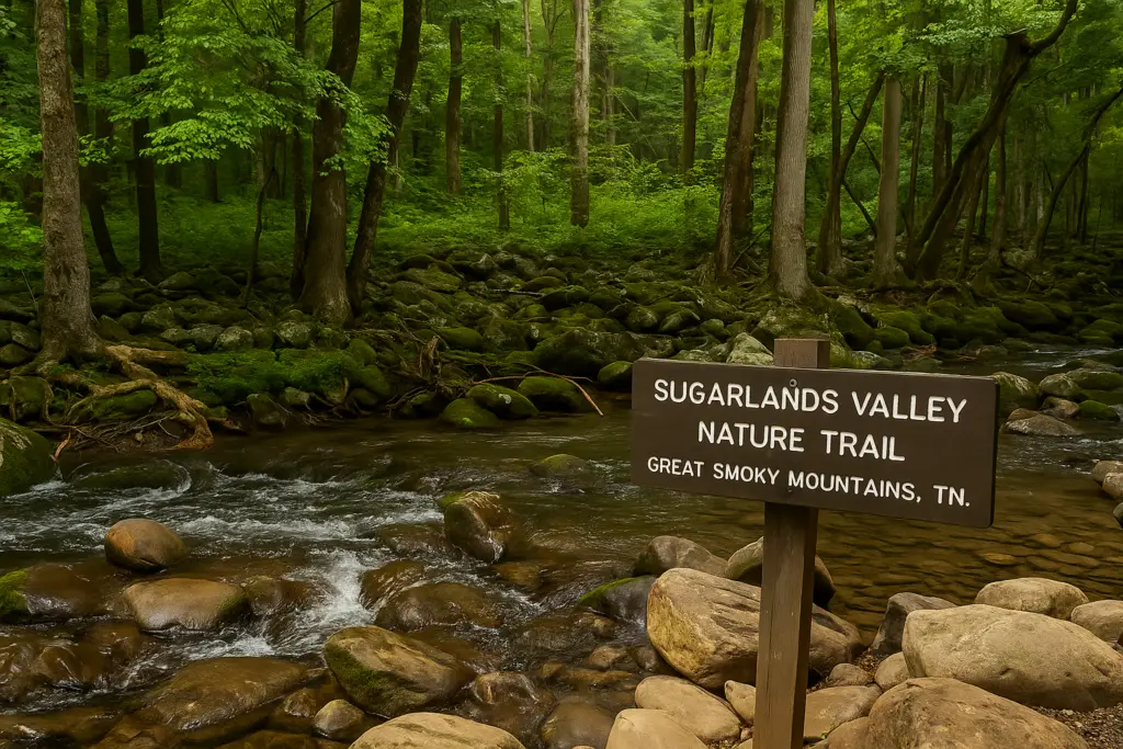 <p> If you want a trail that is as easy on your joints as it is on your eyes, the Sugarlands Valley Nature Trail is a gem. This short, paved half-mile loop offers a peaceful walk through lush hardwood forests, bubbling streams, and remnants of old homesteads. The path is flat and wheelchair accessible, with benches thoughtfully placed along the way. It is perfect for stretching your legs after a drive or warming up for longer adventures. Located right near Gatlinburg and the visitor center, it is also a convenient stop that shows off the best of the Smokies without requiring you to break a sweat. </p> :: DALL-E