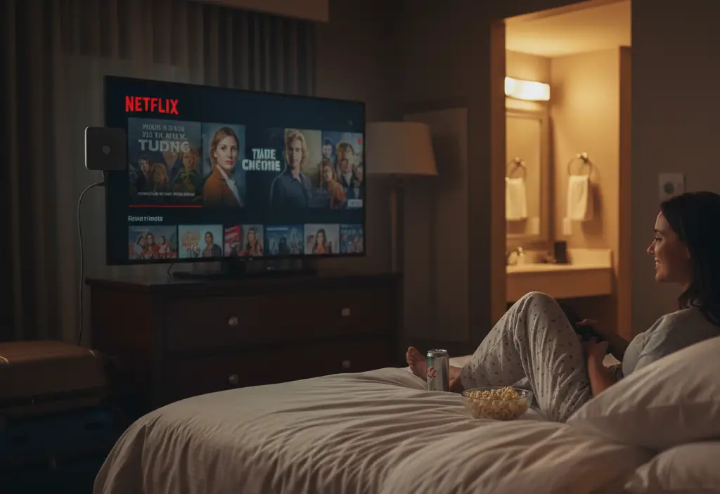 6. Entertainment and Casting Devices for Hotel Rooms <p> After a long travel day, sometimes you just want to unwind with your favorite show. Unfortunately, many hotel TVs still act like it is 2005, with limited channels and outdated interfaces. Enter the Google Chromecast. This pocket-sized device plugs into any TV’s HDMI port and instantly lets you stream Netflix, Hulu, or YouTube straight from your phone. You can catch up on your favorite series, listen to music, or even use it for a slideshow of your travel photos. It is comfort and familiarity wrapped into one tiny gadget—perfect for anyone who likes to bring a piece of home on the road. </p> :: Gemini