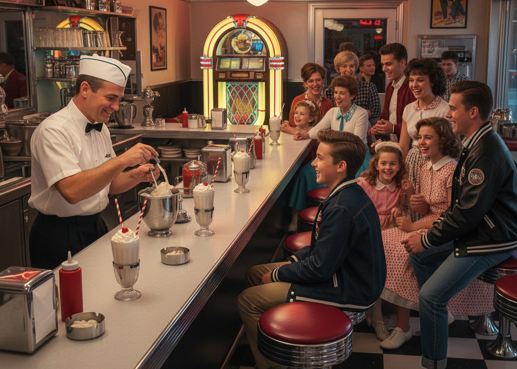 <p> Stopping by a local soda fountain or diner was a cherished experience. Families and teens alike gathered to sip milkshakes or enjoy a cherry soda. The chrome-trimmed counters, the clatter of stools, and the occasional tune from a jukebox created an atmosphere that felt exciting and comforting at the same time. Soda fountains were not just about food—they were about socializing, sharing stories, and savoring small moments of togetherness. </p> :: Gemini