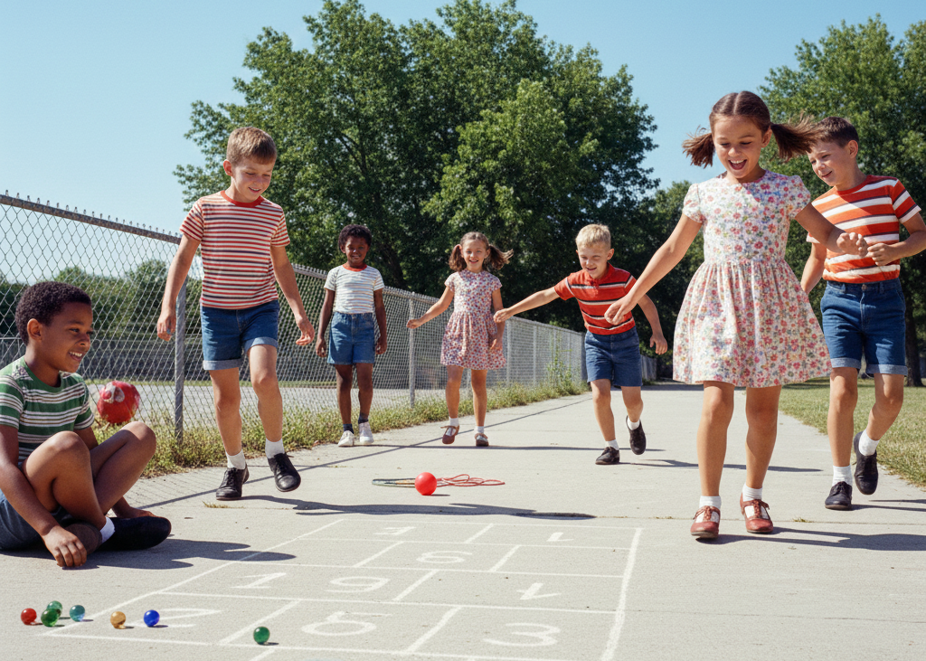 <p> Sidewalks and schoolyards were buzzing with activity. Children played marbles, hopscotch, Red Rover, and countless variations of tag. Unlike organized sports, these games were spontaneous and imaginative. They taught problem-solving, coordination, and teamwork while keeping kids moving and laughing. Many boomers recall the thrill of inventing new games on the fly and the simple joy of being outdoors with friends for hours on end. </p> :: Gemini