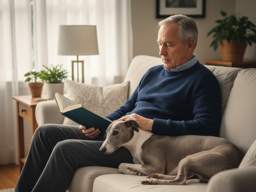 4. Whippet <p> If you like the idea of a dog that’s graceful, calm, and surprisingly low-maintenance, the Whippet might be the perfect choice. Despite their athletic build, Whippets are actually quite laid-back and are happiest lounging near you after a short walk or a quick sprint around the yard. They have short coats that require little grooming and tend to live around 12 to 15 years. Their quiet, affectionate nature makes them ideal for peaceful households, and they rarely bark unless there’s a real reason. The Whippet is often called the “couch potato athlete” because they love both bursts of play and long, relaxing naps—making them a great balance for retirees who enjoy a little exercise without overexertion. </p> :: Gemini