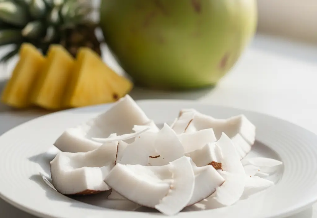 <p> Coconut meat, whether from a young green coconut or mature brown coconut, is rich in healthy fats, primarily saturated fats. While moderation is important because of the calorie density, coconut can be a satisfying and nourishing snack. Fresh coconut chunks can be eaten on their own or added to a fruit and nut bowl for a tropical flair. Coconut also pairs well with other fruits like pineapple, mango, or berries, creating a snack that is flavorful, filling, and nutrient-rich. </p> :: Gemini