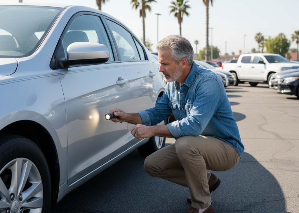 <p> The outside of the car can tell you a lot about how it was treated. Walk around and examine the paint for scratches, rust, and mismatched areas. Look closely at the gaps between panels, which can reveal if the car has been in an accident and poorly repaired. Small dents and chips are normal, but major damage or signs of collision repair could indicate bigger problems. A consistent exterior and well-maintained paint job usually reflect an owner who cared about the vehicle. Pay attention to details such as bumpers, doors, and fenders, and don’t hesitate to ask the seller about anything that looks unusual. </p> :: Gemini