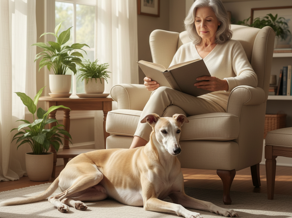 7. Greyhound <p> Despite their history as racing dogs, Greyhounds are remarkably gentle, calm, and affectionate. Once retired from the track, they quickly adapt to a slower pace and become some of the best companions you could ask for. Their short coats require almost no grooming, and they tend to be very clean and quiet. Greyhounds typically live around 10 to 14 years and are known for being sensitive, sweet-natured dogs who love comfort. They enjoy daily walks but are just as happy spending the rest of the day stretched out on the sofa beside you. If you’re looking for a larger dog that’s mellow and low-maintenance, a Greyhound is a graceful and loving choice. </p> :: Gemini