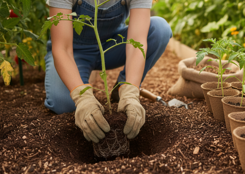 <p> One of the easiest ways to grow stable, healthy tomato plants is to plant them deeper than usual. Tomatoes have a remarkable ability to grow roots from any part of their stem that is buried in soil. By digging a deeper hole and planting more of the stem below the surface, you encourage a stronger root system. Strong roots help the plant absorb more water and nutrients and make it less likely to topple in windy conditions. This method creates naturally sturdy plants that need less support throughout the growing season. </p> :: Gemini
