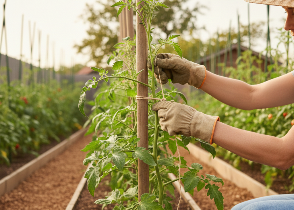 <p> Using a single stake per plant is a simple way to give your tomatoes structure without the bulk of a cage. Choose a strong wooden post, bamboo cane, or metal stake, and tie the main stem to it using soft garden twine, cloth strips, or plant tape. As the tomato grows, adjust the ties to support new growth. Staked plants grow vertically, improving airflow, saving space, and making fruit easier to harvest. While staking requires occasional attention, it is a lightweight, practical alternative to clunky cages. </p> :: Gemini