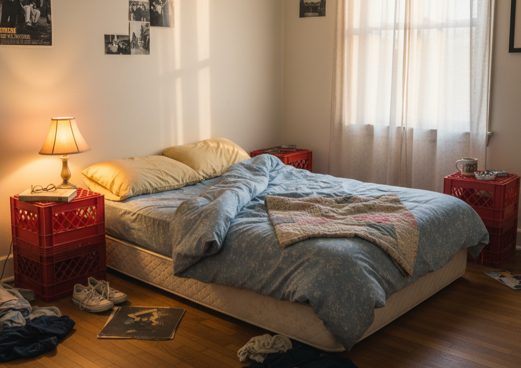 1. The Mattress on the Floor <p> Let’s be honest—most first apartments didn’t start with a fancy bedframe. Many Boomers slept on a simple spring mattress right on the floor, maybe with a couple of milk crates serving as nightstands. It wasn’t about luxury; it was about survival and comfort. After all, nothing felt better than collapsing onto that mattress after a long day of work or unpacking boxes. </p> :: Gemini