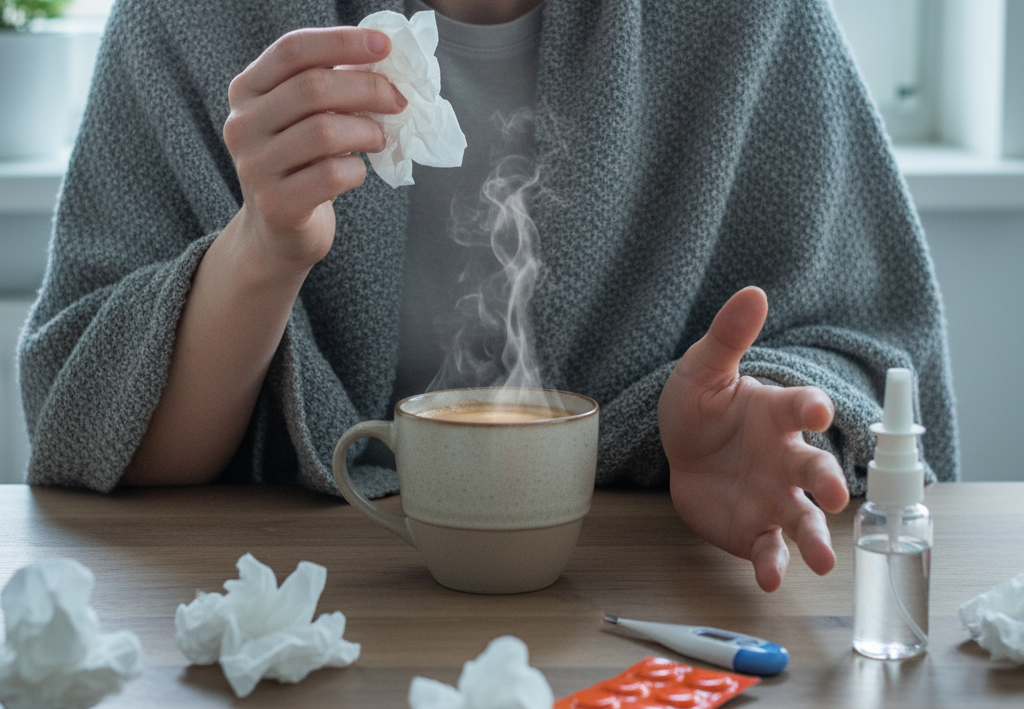 <p> If you reach for a cold medicine containing Pseudoephedrine or another stimulant, combining it with coffee can lead to a serious case of the jitters. Both substances raise your heart rate and blood pressure, leaving you feeling shaky and anxious.

Pro Tip: When you’re under the weather, stick to decaf or herbal tea until your symptoms clear up. Your body will have an easier time resting and recovering without the caffeine kick. </p> :: Gemini