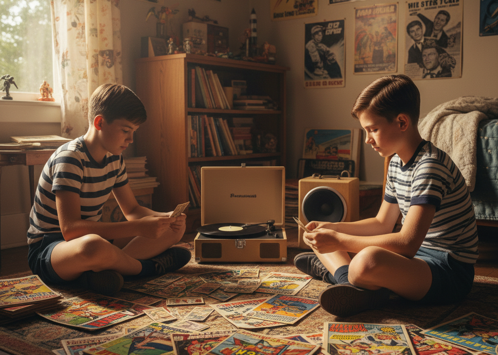 <p> Collecting was a beloved pastime. Comics, baseball cards, and vinyl records were treasured possessions that sparked excitement and pride. Kids traded cards on playgrounds, browsed comic book stacks, and carefully handled records to preserve their favorite music. These collections often became lifelong hobbies, a source of connection with peers, and a way to express personal taste and interests in a pre-digital world. </p> :: Gemini