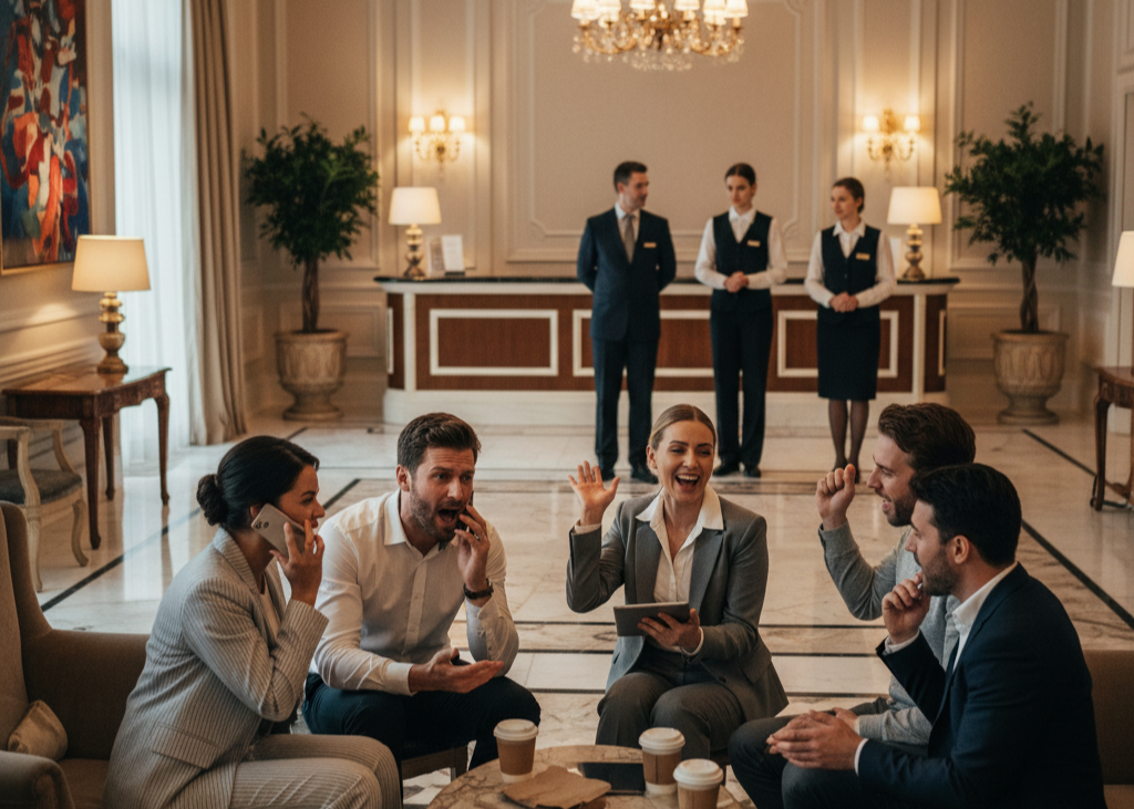 <p> Hotels aim to provide calm, relaxing environments. Loud phone calls, animated conversations, or pacing while talking loudly are immediately noticeable. Staff are trained to maintain quiet and comfort for all guests, so disruptive noise can create stress behind the scenes.

Most hotels handle this politely, reminding guests to lower their volume if necessary. Being aware of your voice level in public areas makes a big difference in maintaining a pleasant atmosphere. It reflects consideration for both staff and fellow guests, enhancing the overall experience for everyone. </p> :: Gemini