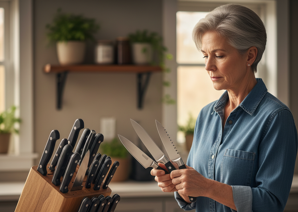 <p> Many kitchens contain full knife sets in large blocks, often with a dozen or more knives. The truth is that most home cooks regularly use only a few knives, typically a chef’s knife, a paring knife, and maybe a serrated knife. The rest take up space, collect dust, and rarely see use.

Downsizing to only the knives you need makes meal preparation easier and safer. Consider keeping two or three high-quality knives that are comfortable to use and easy to store. Removing bulky knife blocks from your counter or drawers can open up valuable space and make your kitchen feel cleaner and more approachable. At this stage in life, simplicity and efficiency are far more important than having every type of knife imaginable. </p> :: Gemini