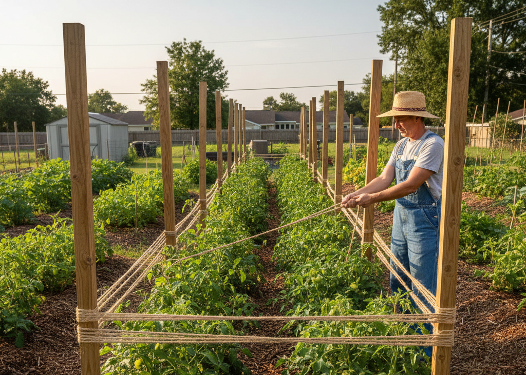 <p> The Florida Weave is a clever, space-saving technique for rows of tomato plants. Place sturdy stakes at each end of the row, and optionally in the middle for longer rows. As the plants grow, weave garden twine horizontally between the stakes and around the plants. This keeps plants upright without needing a cage for each one. The Florida Weave is ideal for indeterminate tomato varieties that keep producing fruit throughout the season. It provides strong support while using less material than traditional cages, making it both cost-effective and practical. </p> :: Gemini