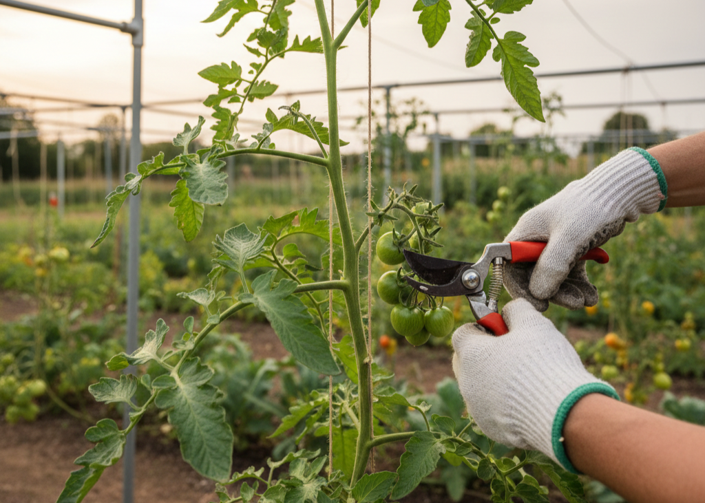 <p> Pruning and training your tomato plants can make a huge difference in how well they grow without a cage. Remove lower leaves and suckers, which are small shoots that take energy away from the main plant. This helps direct resources toward producing fruit rather than excessive foliage. Training the plants along stakes, strings, or a trellis makes pruning easier and encourages upright growth. A well-pruned tomato plant is lighter, healthier, and produces more fruit while requiring minimal structural support. </p> :: Gemini
