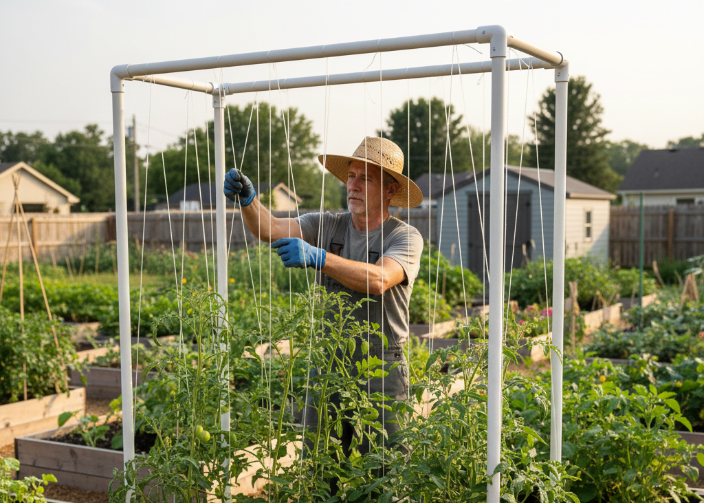 <p> If you have multiple tomato plants in a row, a trellis or vertical string system can help keep them organized. Create a frame with wood, metal, or PVC pipes and attach strong twine for the plants to climb. Gently guide the vines as they grow and tie them to the strings to keep the plants upright. This setup improves air circulation, prevents disease, and makes it easier to harvest your tomatoes. A trellis system is especially helpful for small gardens or container setups because it maximizes vertical space and reduces clutter. </p> :: Gemini