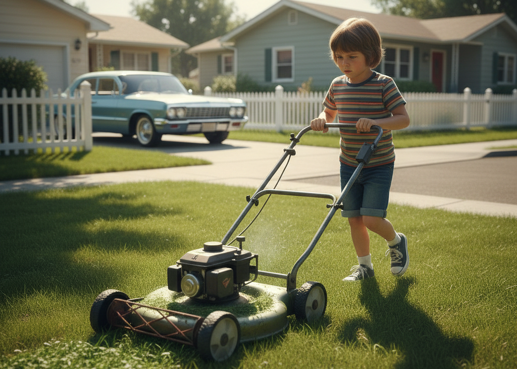 <p> Lawns in the 1960s were rarely maintained with gas-powered equipment. Many kids had to push heavy reel mowers across their yards, sweating under the summer sun. It was hard work, often requiring multiple trips back and forth across the grass. While tiring, mowing the lawn gave kids a sense of pride and ownership. Seeing a neatly trimmed, even lawn was a small but meaningful reward for effort. It was also a subtle lesson in patience and persistence, teaching that the satisfaction of a job well done often comes only after hard work. </p> :: Gemini