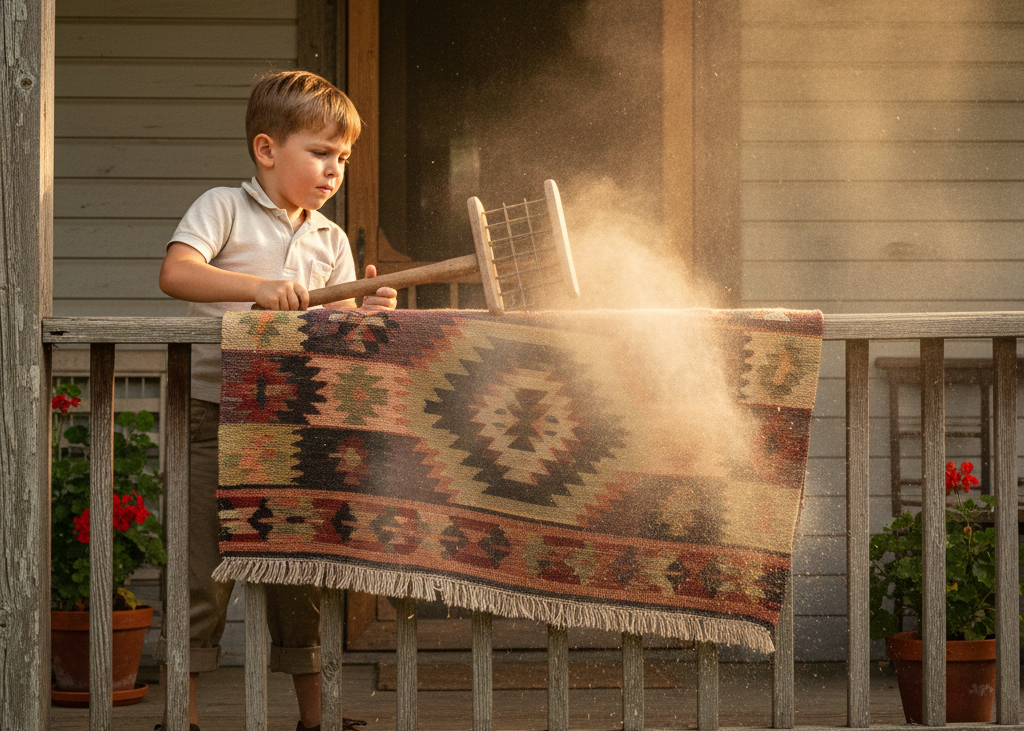 <p> Vacuum cleaners were not always commonplace, and rugs often needed to be beaten to remove dust and dirt. Kids carried rugs outside, hung them over porch rails or clotheslines, and used wooden rug beaters to remove embedded debris. The clouds of dust that rose with each strike were a small price to pay for a clean rug. This chore was physically demanding but oddly satisfying. There was something almost ceremonial about transforming a dusty rug into a fresh, clean surface ready for use. </p> :: Gemini