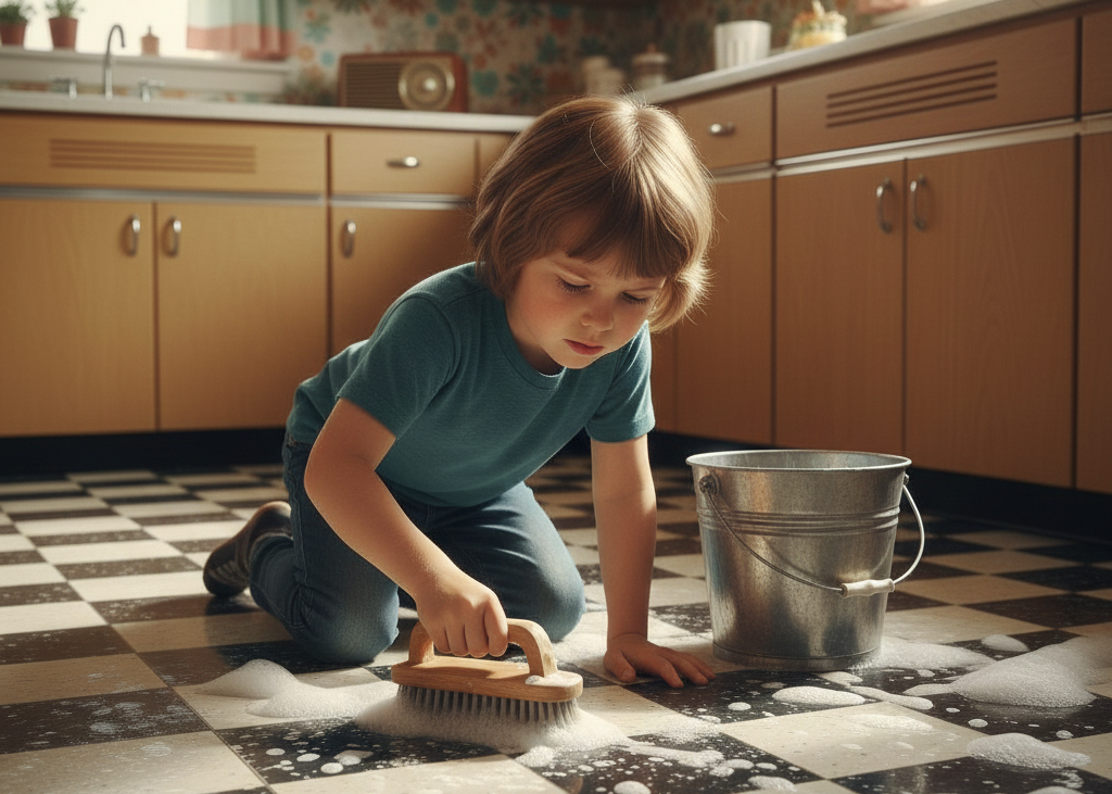 <p> Floor cleaning was far from effortless in the 60s. Without modern mops or steam cleaners, kids often scrubbed floors on their hands and knees using brushes, buckets of soapy water, and rags. Kitchens, hallways, and bathrooms all demanded thorough attention. Though it could be exhausting, this chore taught a strong work ethic and the tangible results of effort. A clean floor was more than just aesthetically pleasing; it was proof that diligence and hard work paid off. </p> :: Gemini