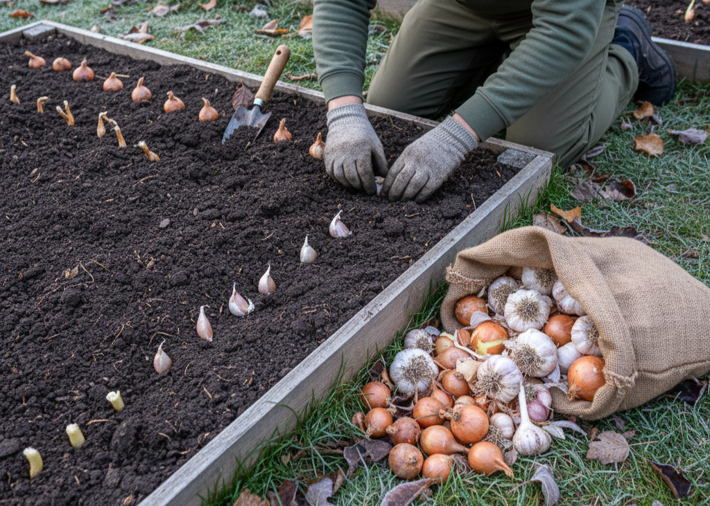 <p> Planting garlic and bulb onions in the fall gives them a head start for next summer. These crops develop roots before going dormant in the cold, then resume growth in spring. Garlic and onions planted in fall produce stronger, fuller bulbs by harvest time. They require minimal care over winter, making them ideal for gardeners who want an early summer harvest without intensive attention. </p> :: Gemini