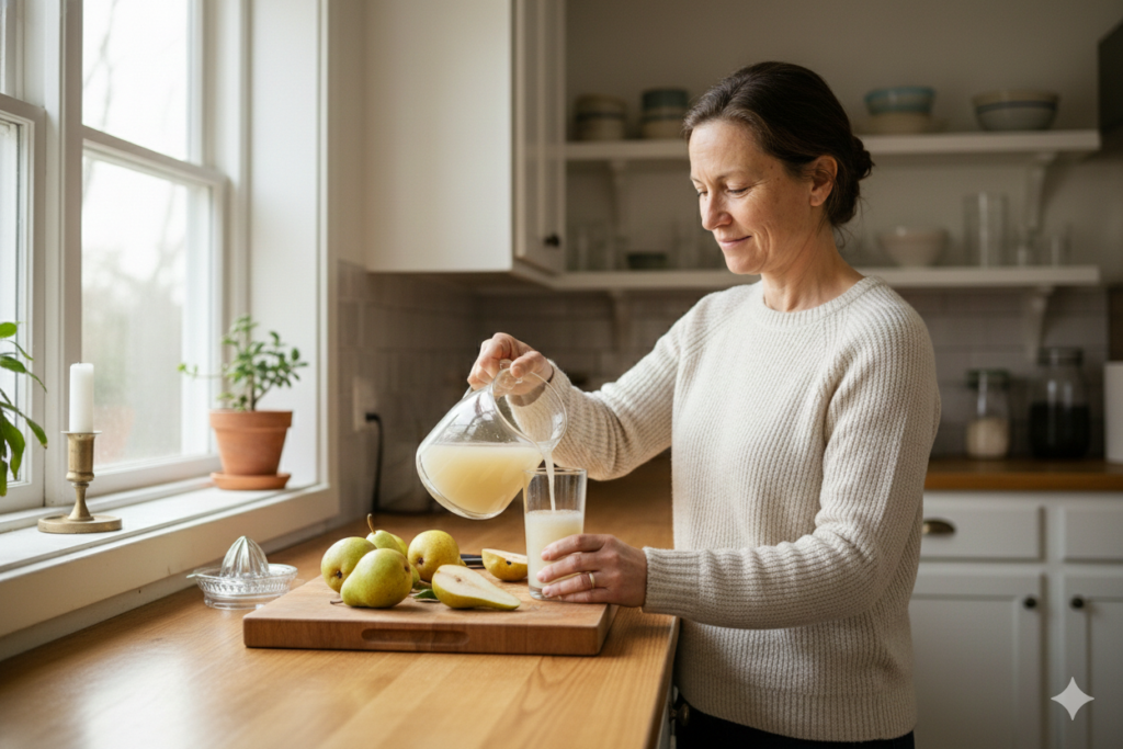 3. Pear Juice: Gentle Yet Effective <p> If prune juice feels too strong, pear juice is a great alternative. Like prunes, pears contain sorbitol, which helps pull water into your intestines and encourages a bowel movement. Many people find it to be a gentler option that still works efficiently. It is especially suitable for those who prefer a milder taste or want to avoid the stronger effects of prune juice. A glass of pear juice can be a simple and tasty way to support regularity, especially during morning routines. </p> :: Gemini