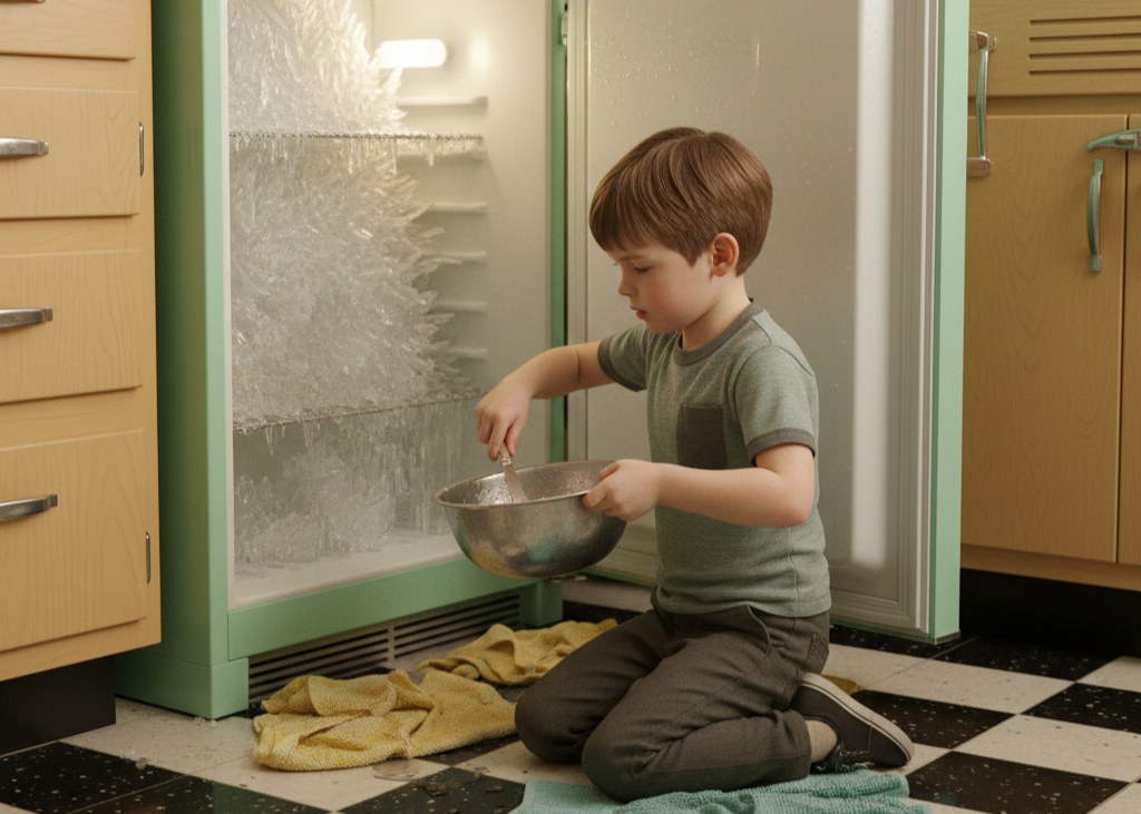 <p> Before frost-free freezers, thick ice would accumulate, and it became a kid’s responsibility to chip it away. Using butter knives or spatulas, they carefully removed ice, collected meltwater, and dried the freezer afterward. It was messy, sometimes frustrating work, but it taught practical problem-solving and attention to detail. Kids learned that maintenance and care are just as important as completing more visible chores, and that patience can turn a tedious task into a manageable one. </p> :: Gemini
