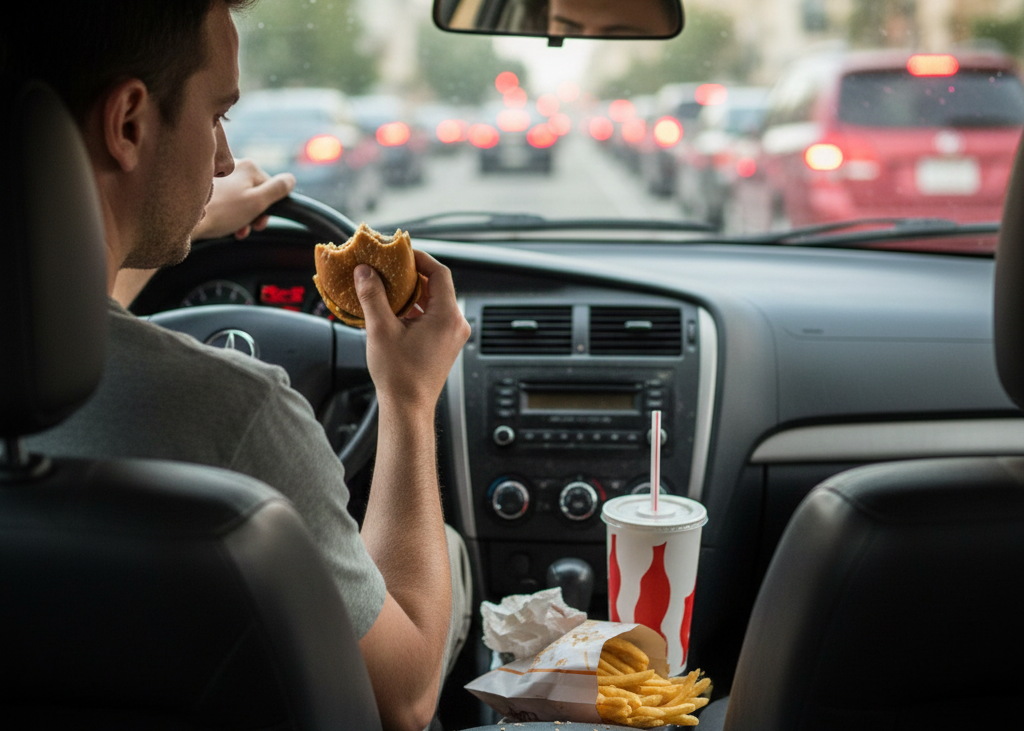 <p> Many of us grew up watching our parents balance burgers, fries, or coffee cups while navigating traffic. It was treated as a normal part of life—especially during busy mornings or long commutes.

Today, eating or drinking behind the wheel is often classified as distracted driving. While laws vary by state, many jurisdictions allow officers to issue citations if eating or drinking interferes with safe vehicle operation. Taking your eyes off the road, one hand off the wheel, or your attention away for even a few seconds can be enough to cause a crash.

Modern driving laws emphasize focus above all else. With increased traffic density and higher speeds, multitasking is no longer considered harmless. Pulling over to eat may feel inconvenient, but it dramatically reduces risk and keeps you compliant with the law. </p> :: Gemini