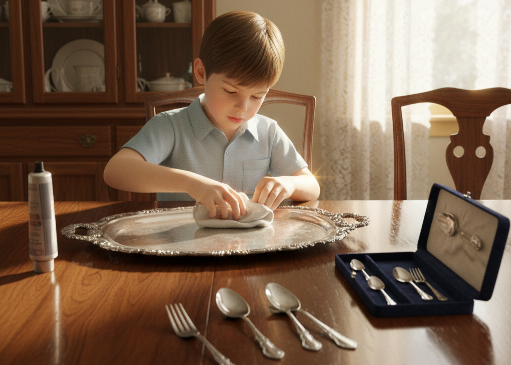 <p> Special silverware and serving trays were a point of pride in many homes. Kids were often tasked with polishing tarnished silver, a chore requiring patience and finesse. They rubbed, buffed, and polished until each piece shone bright, ready for family dinners or holiday gatherings. Though repetitive, this chore instilled an appreciation for effort and the beauty of small details. It showed that care and attention to appearance mattered, and it encouraged pride in contributing to the household in a meaningful way. </p> :: Gemini