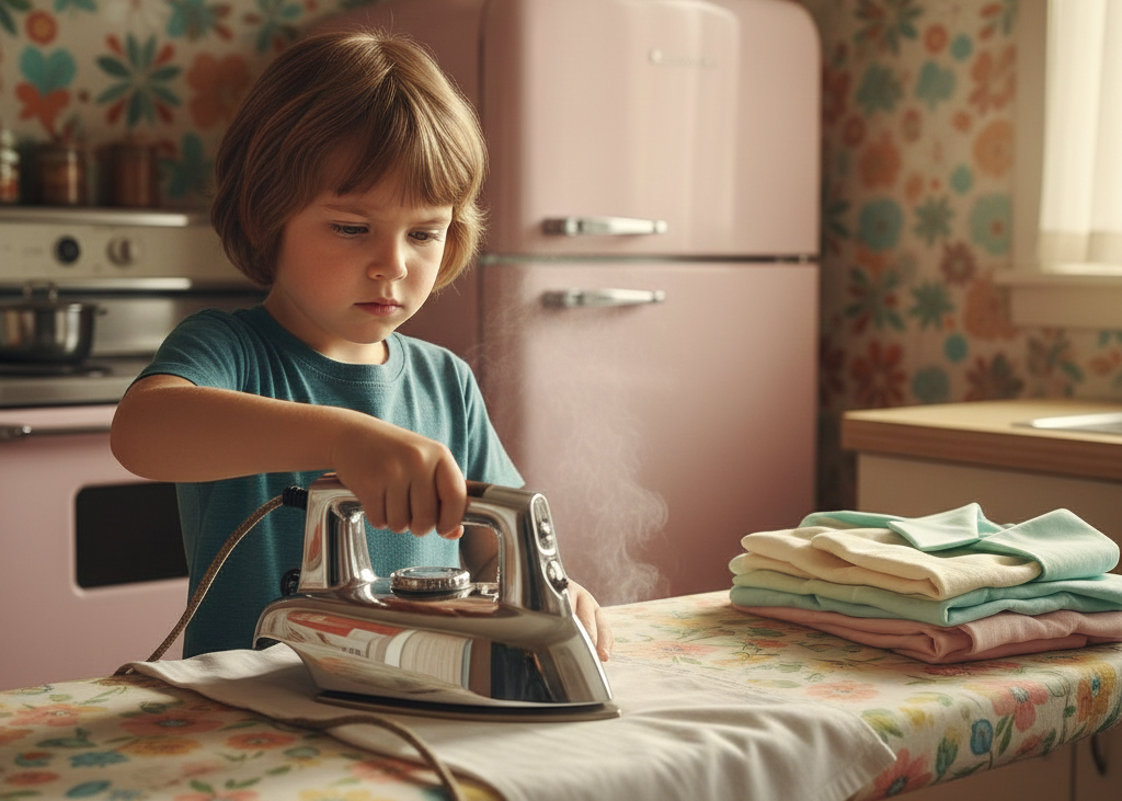 <p> Wrinkle-free fabrics were rare in the 1960s, which meant ironing was often a daily necessity. Kids frequently had to iron their own clothes and sometimes the family’s wardrobe, including shirts, pillowcases, and handkerchiefs. Using a heavy metal iron, often heated on a stove, required care, concentration, and a little bit of courage. Scorching a shirt could mean a gentle scolding, but mastering the art of pressing clothes perfectly gave kids a sense of accomplishment. Ironing taught attention to detail and patience, skills that stayed with many long into adulthood. </p> :: Gemini