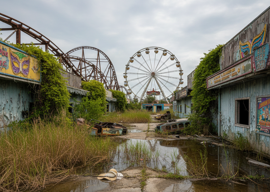 <p> Six Flags New Orleans opened as Jazzland in 2000 with a promise of thrills, family fun, and unforgettable summer memories. Roller coasters, water rides, and themed zones drew locals and tourists alike. But when Hurricane Katrina hit in 2005, the park was submerged under several feet of water, and the damage was too severe to recover. Since then, the park has remained abandoned. Rusted rides, overgrown pathways, and silent carousels now stand as a ghostly reminder of what once brought families together in laughter and excitement. Walking through the grounds today feels like stepping into a surreal theme park frozen in time. </p> :: Gemini