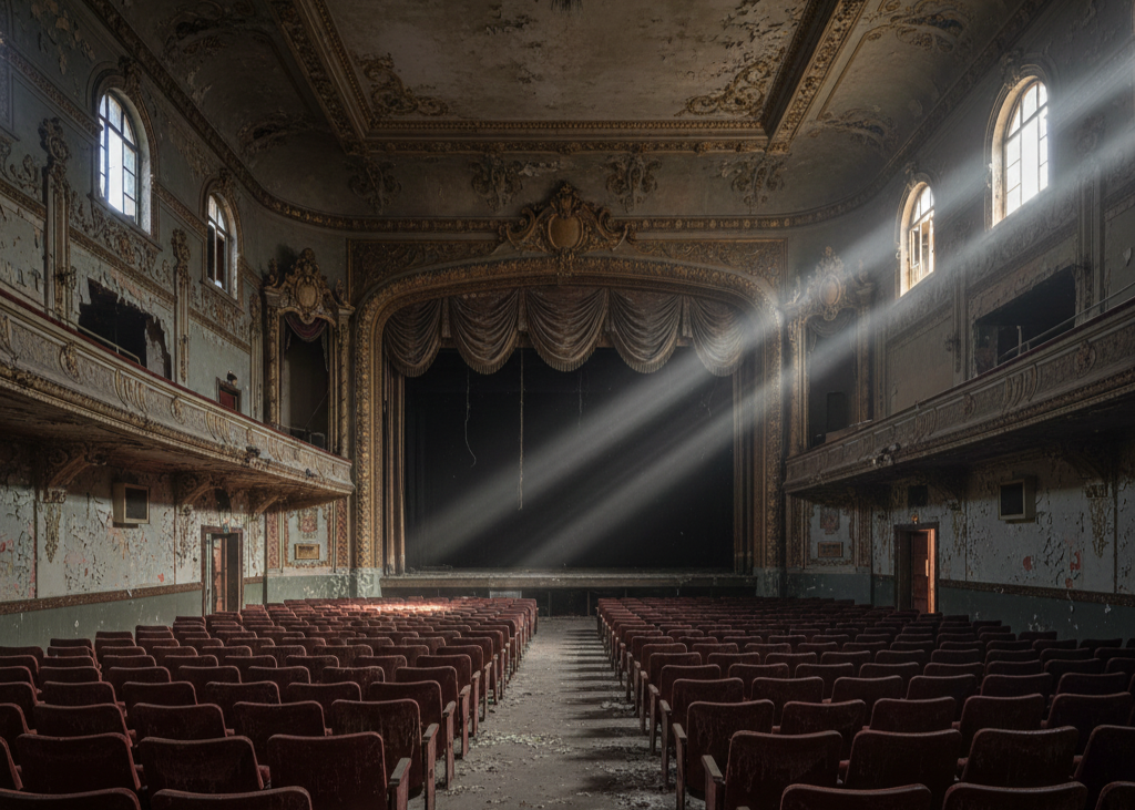 <p> In the early 20th century, the Orpheum Theater was a thriving cultural hub. Locals gathered for live performances, movies, and social events, creating a vibrant community atmosphere. The theater closed in 1958, and despite efforts to preserve it, the building gradually decayed. Today, dusty seats, a darkened stage, and empty halls preserve the memory of a place where laughter and applause once filled the air. The Orpheum stands as a reminder of the power of entertainment to bring people together, even if only for a fleeting moment in history. </p> :: Gemini