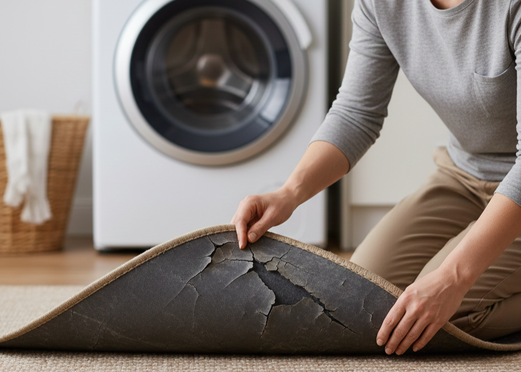 <p> Some rugs are lightweight and washable, but rubber-backed mats are not. Machine washing can cause the rubber to crack, peel, or crumble, leaving debris in your washer and on your clothing. Clean these rugs using a hose or hand scrub with mild detergent to maintain both your mat and your machine. </p> :: Gemini