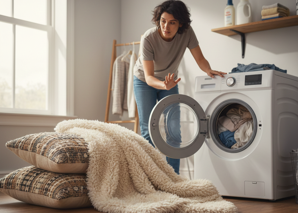 <p> Large cushion covers, shaggy rugs, and throw blankets may be tempting to toss in with your laundry, but they can easily unbalance the washer drum. An off-balance drum can cause excessive noise and even mechanical damage. For bulky items, use a larger laundromat machine or professional service to prevent headaches and costly repairs. </p> :: Gemini