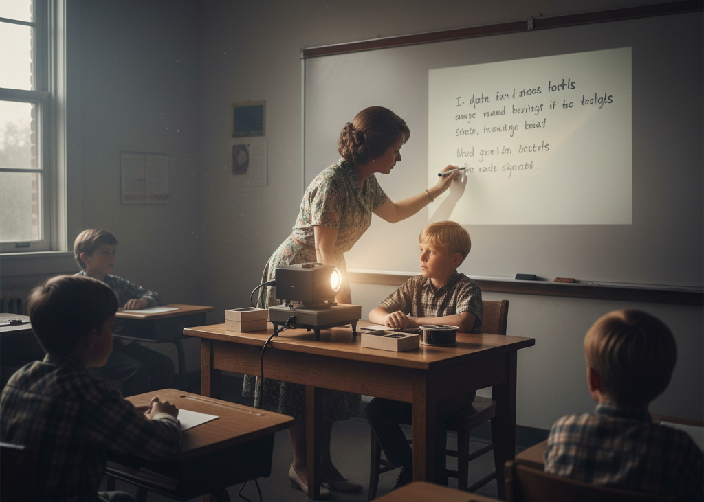 <p> Long before PowerPoint presentations became a staple of classrooms, teachers relied on overhead and slide projectors. Transparencies were a high-tech solution for displaying notes, diagrams, and math problems to the entire class. Watching your teacher carefully write on a clear sheet of plastic while the image projected onto the wall was mesmerizing. Slide projectors, which showed pictures one frame at a time, added a cinematic quality to education. Students waited in anticipation for the next slide to click into view. In some classrooms, a student got the honor of advancing the projector, a small but thrilling role that made them feel like part of the lesson. The warm glow of the projector, combined with the quiet attention of the classroom, made these lessons feel immersive, even magical. </p> :: Gemini