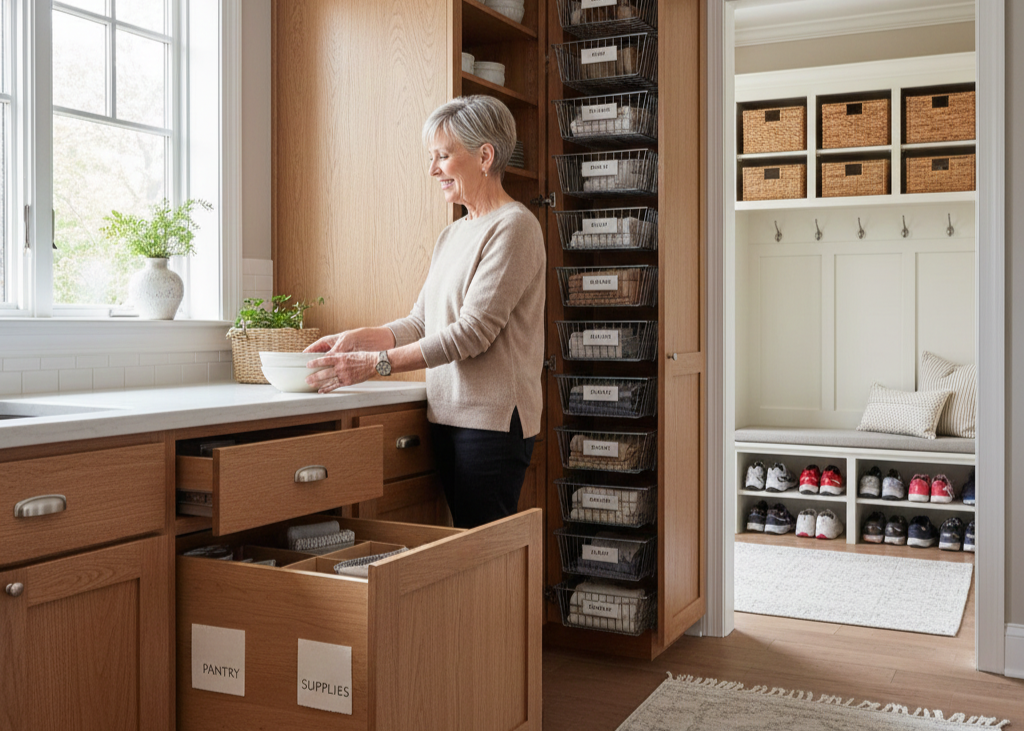 9. Smart Storage Solutions <p> Clutter is not only visually overwhelming but also a safety hazard. Smart storage solutions such as pull-out shelves, built-in mudroom benches, and organized garage zones keep essentials within reach and reduce the need for bending or stretching. These storage upgrades maintain a clean, calm, and organized environment. Practical storage not only simplifies daily routines but also helps prevent accidents, keeping your home safe and welcoming. </p> :: Gemini