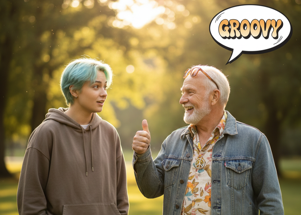 <p> In the 1960s and 1970s, calling something “groovy” was the ultimate compliment. If a Boomer called your outfit, song, or idea groovy, it meant it was cool, exciting, or excellent. The word became a cultural hallmark, riding the wave of jazz, psychedelic music, and the countercultural movements of the era. Today, younger people might describe something as “fire,” “bussin,” or “slaps,” leaving groovy firmly in the retro camp. When a Boomer says it now, it often carries a playful, nostalgic, and sometimes ironic tone. Hearing it in conversation is a little like catching a glimpse of history. </p> :: Gemini
