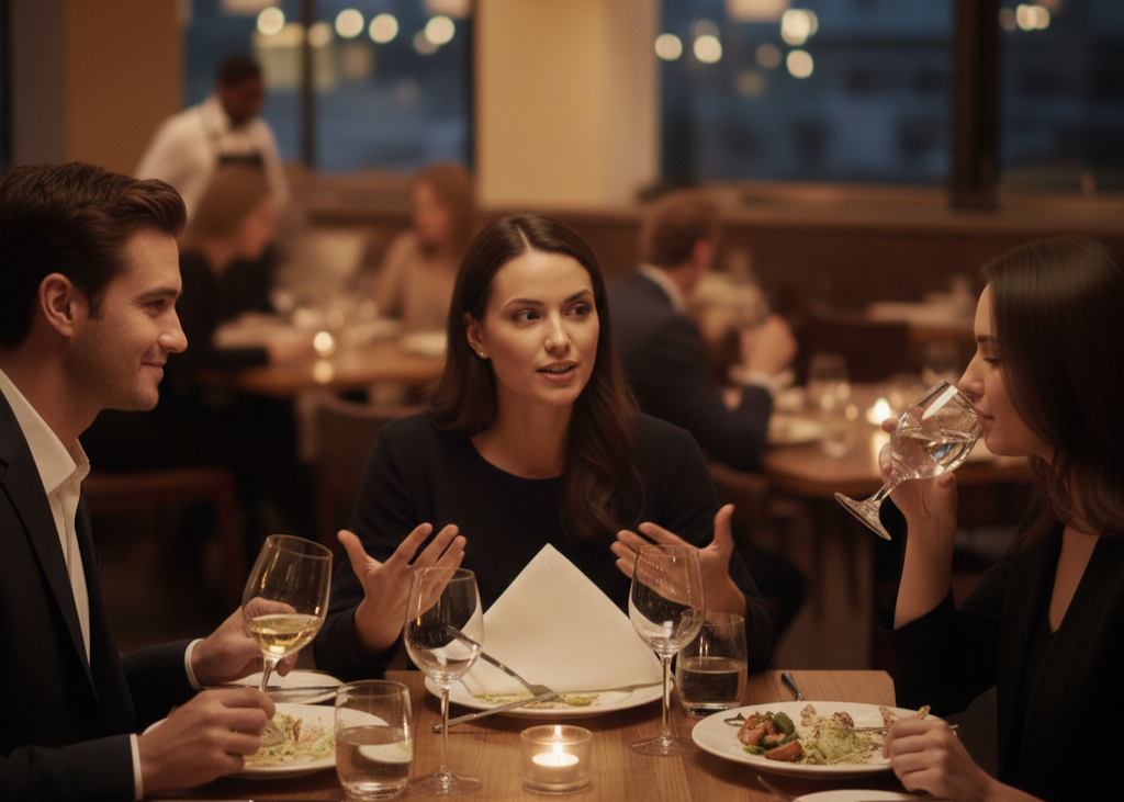 6. Volume and Conversation Style <p> How loudly you speak matters more than what you say. Confident diners naturally adjust their tone to the room. They laugh freely but not disruptively, contribute to conversation without dominating it, and remain aware of those around them.
Speaking loudly, oversharing personal stories, or trying to command attention often signals discomfort or a need for validation. Social ease shows in moderation and awareness, not silence or restraint. </p> :: Gemini