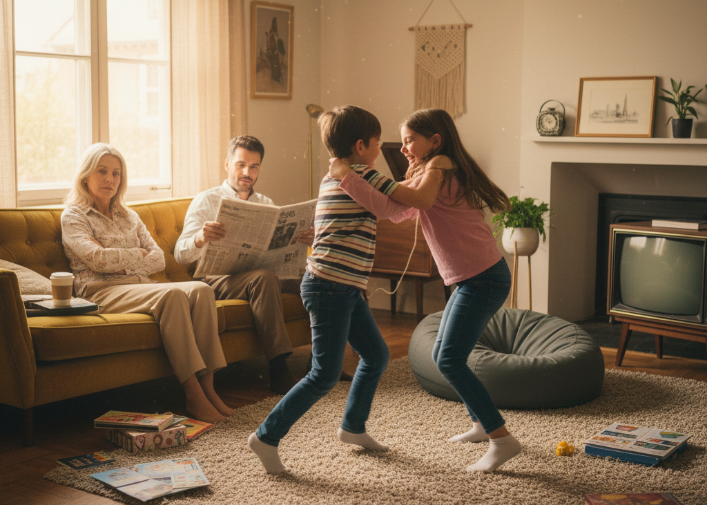 <p> Sibling conflicts were often handled by letting children resolve problems themselves. Parents believed that fighting it out taught negotiation, resilience, and problem-solving skills. Intervention was minimal unless the situation escalated dangerously.

Modern parenting emphasizes guided conflict resolution. While independence is still valued, teaching kids communication skills, fairness, and empathy helps prevent long-term resentment or patterns of aggression. Leaving siblings entirely to themselves could now be considered neglectful in some households. </p> :: Gemini