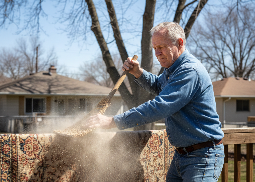 <p> Before bagged vacuums and steam cleaners, rugs were taken outdoors and beaten until the dust clouds rose in the sunlight. Draped over a railing or clothesline, heavy carpets required energy and persistence. Kids and adults alike participated in the ritual, enjoying the satisfying rhythm of beating the dirt out while sharing laughs or chatting with neighbors. It was laborious but oddly therapeutic. </p> :: Gemini