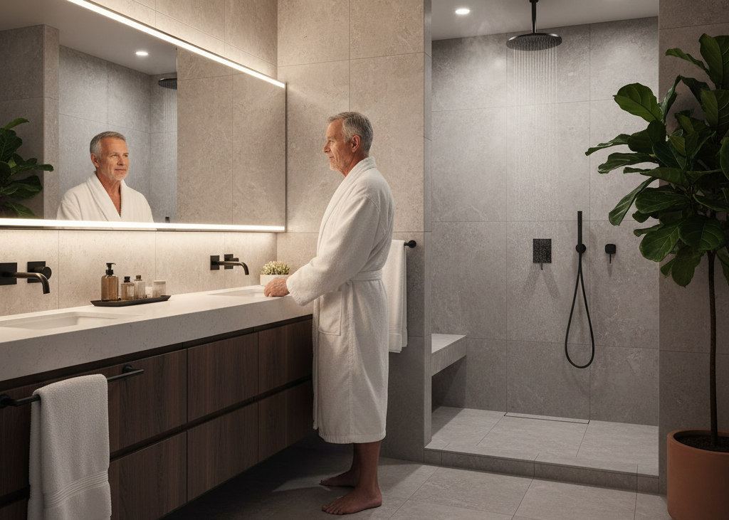 2. Curbless Spa-Inspired Bathrooms <p> Curbless showers and spa-style bathrooms are transforming how Boomers experience daily routines. These showers feature smooth entries, built-in seating, and luxurious tile finishes. They make the bathroom safer for anyone with mobility concerns while doubling as a serene retreat for relaxation. Warm lighting, subtle textures, and thoughtfully chosen materials ensure your bathroom feels like a boutique hotel rather than a senior facility. A curbless shower is not just practical; it adds a touch of indulgence to everyday life. </p> :: Gemini