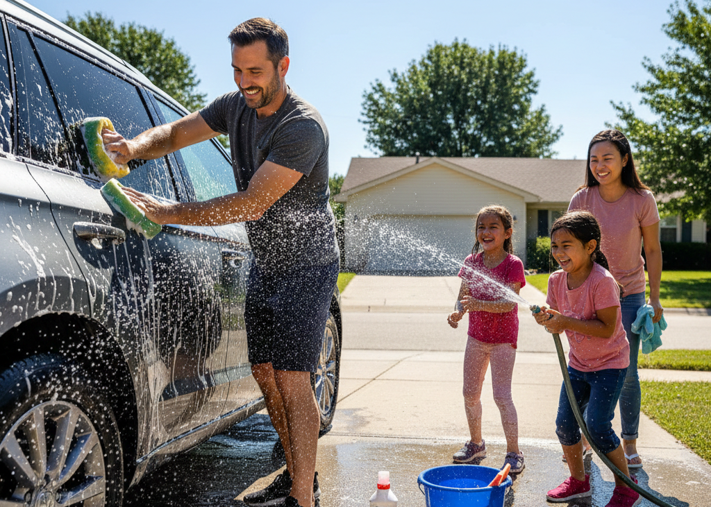 <p> Driveway car washes were a family activity. With bucket, sponge, and hose, every inch of the vehicle was scrubbed, rinsed, and polished. This chore was both pride and responsibility in action, often accompanied by playful water fights or sibling competition. Washing the car by hand was a bonding experience and a lesson in care, patience, and pride in one’s possessions. </p> :: Gemini