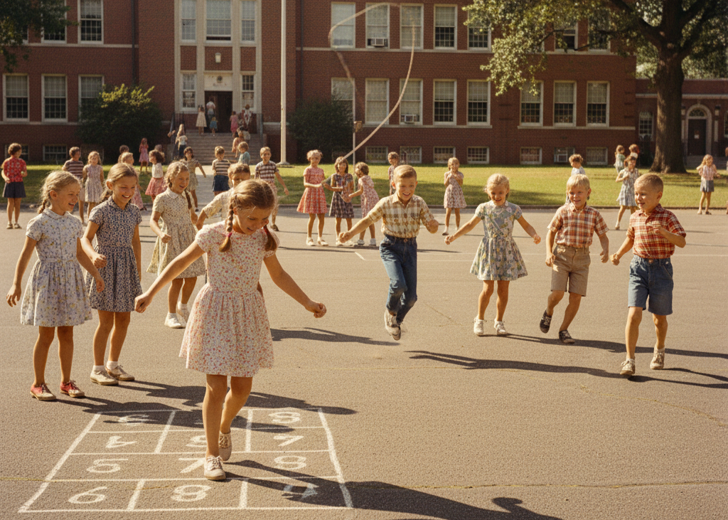 <p> Recess was not just a break from academic work—it was a vital part of childhood. Games like jump rope, hopscotch, tag, and dodgeball filled the playground with laughter, energy, and a sense of freedom. Without the distraction of phones or digital devices, children were fully present, forming friendships, learning teamwork, and developing coordination. Recess was also a time for creativity, as kids made up their own rules, invented new games, and discovered social hierarchies. For Boomers, these playground memories are often as strong as those from the classroom, demonstrating the value of physical activity and play in everyday learning. </p> :: Gemini
