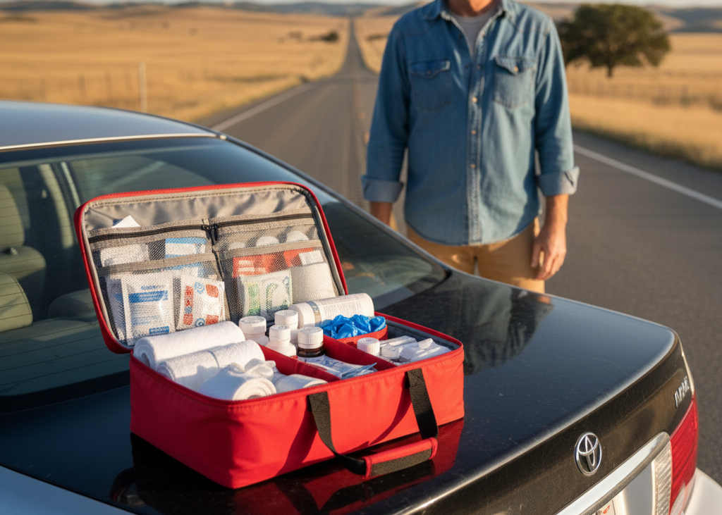 1. Comprehensive First Aid Kit <p> A first aid kit is the foundation of any emergency kit. Accidents happen when you least expect them, whether it is a minor cut while changing a tire or a bump in a fender-bender. Make sure your kit includes bandages, antiseptic wipes, gauze pads, medical tape, gloves, and basic pain relief. Consider personalizing your kit with prescription medications, allergy medicine, or even baby and pet supplies if you travel with family members or furry companions. A well-prepared first aid kit can turn a stressful situation into a manageable one. </p> :: Gemini